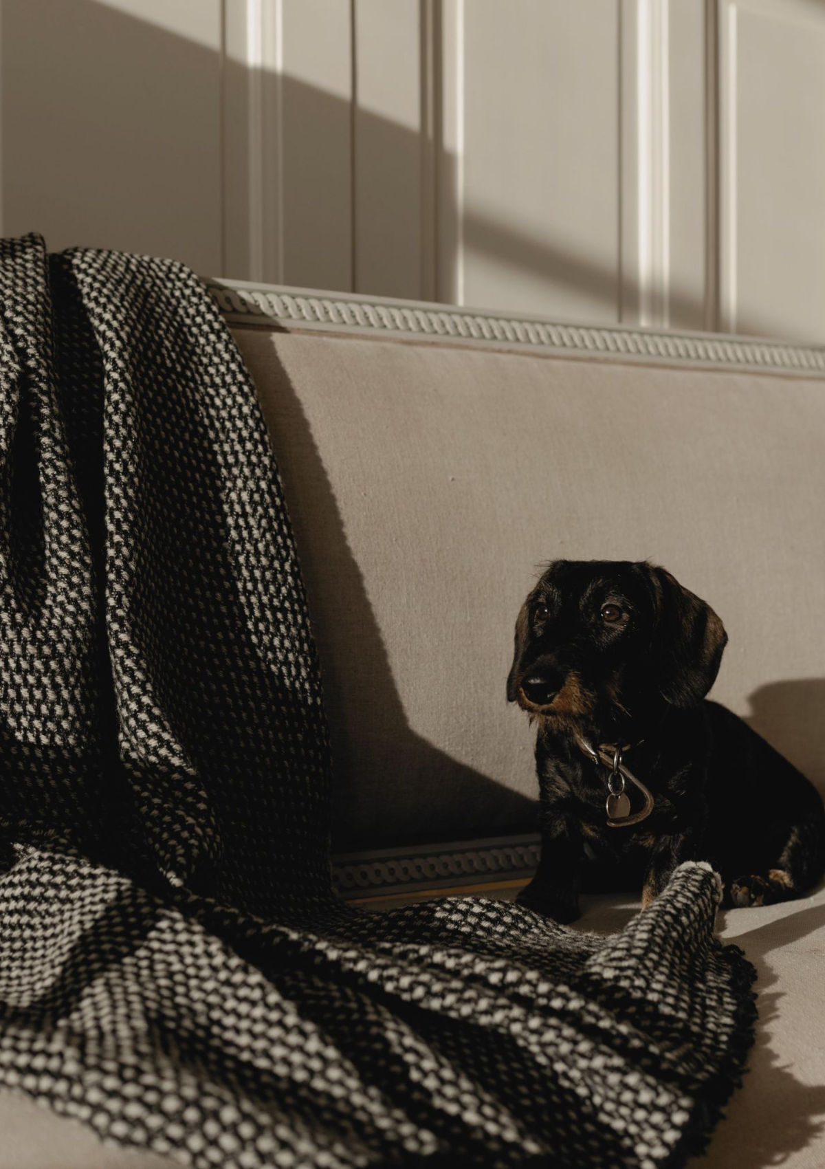 Textured pattern grey and black colored throw made out of responsible sheep wool. Manufactured in Finland.