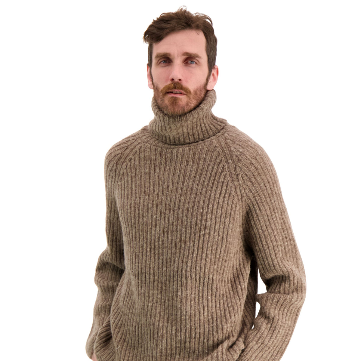 Ribbed beige polo made from Finnish durable sheep wool. Sustainable and warm wool knit made in Finland.