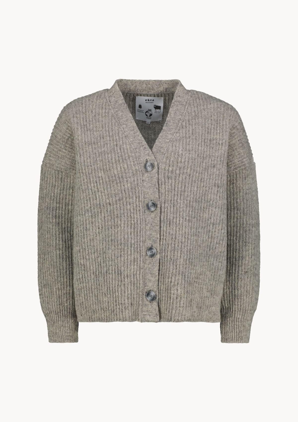 Mid Grey cardigan made in Finland from Finnish sheep wool.