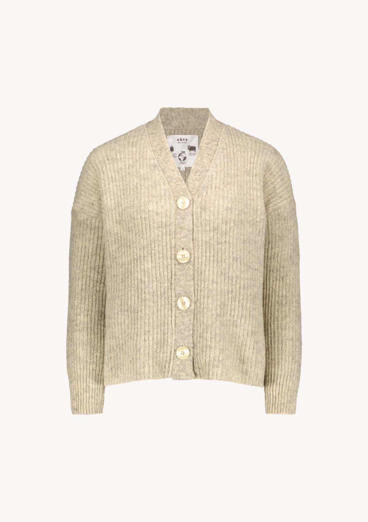 Light grey cardigan responsibly made in Finland from Finnish sheep wool.