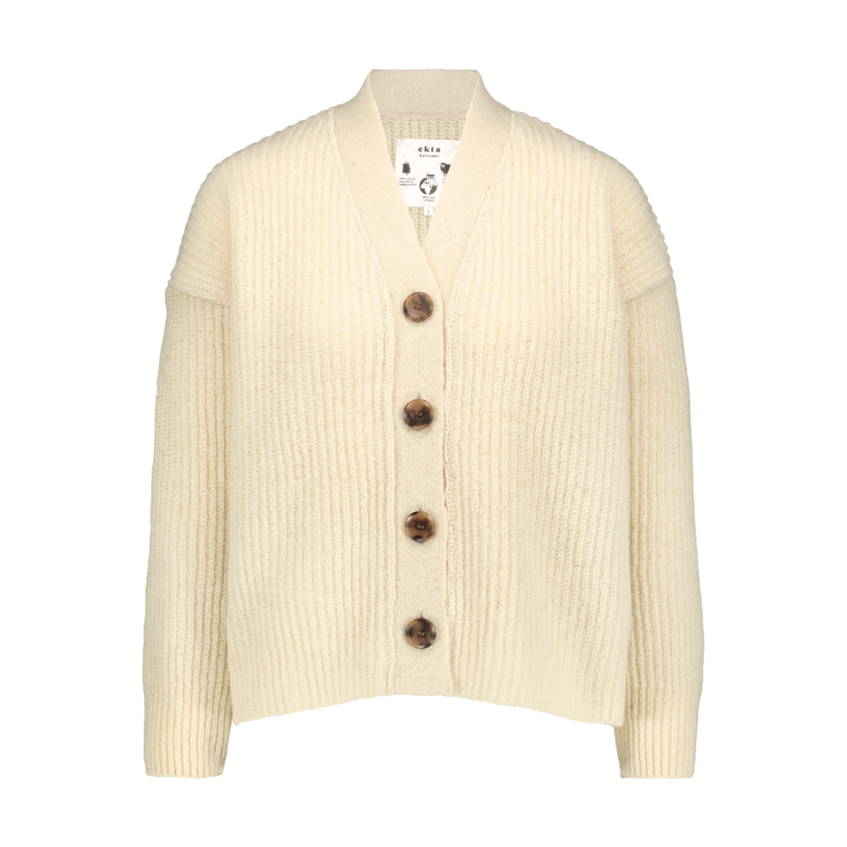 White ribbed cardigan made in Finland from Finnish sheep wool. Sustainable and ethical.