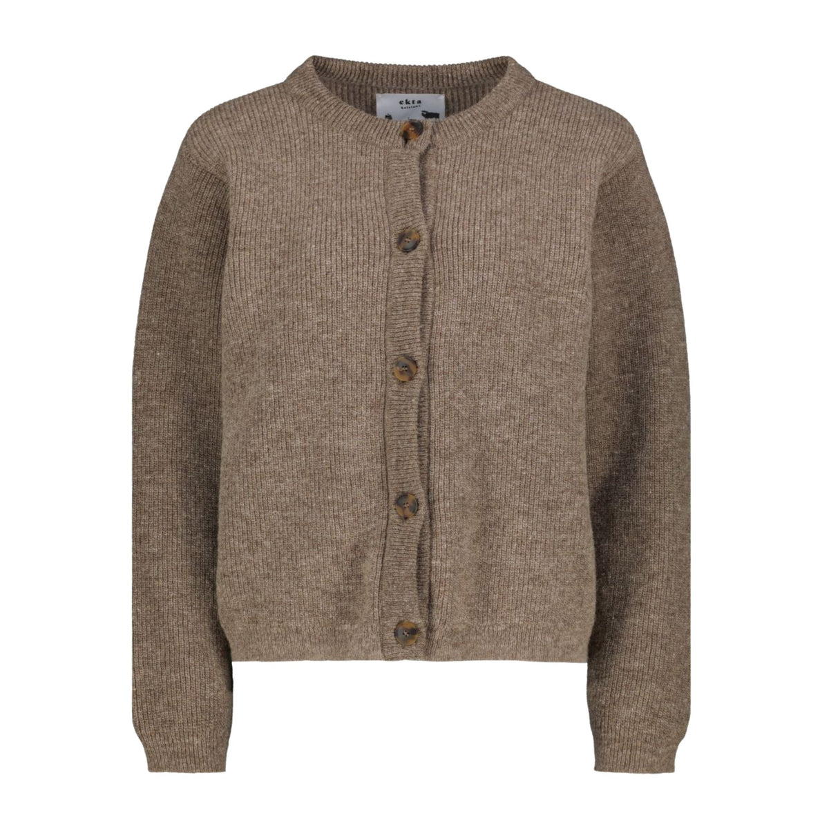 Beige knitted o-neck cardigan in Finnish sheep wool. Manufactured sustainably in Finland.
