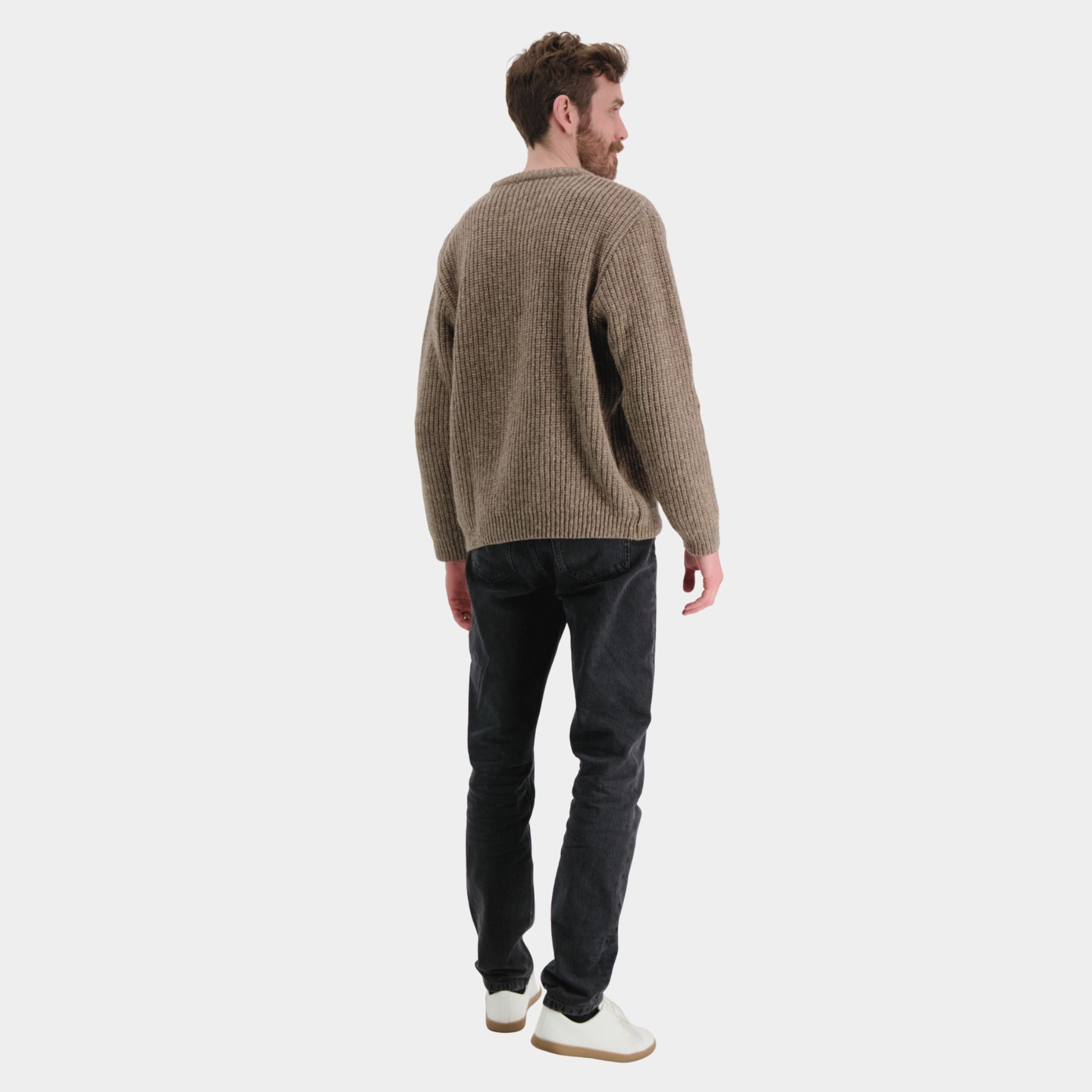 Beige ribbed O-neck knit sweater made from responsibly sourced Finnish sheep wool, ethically manufactured in Finland.
