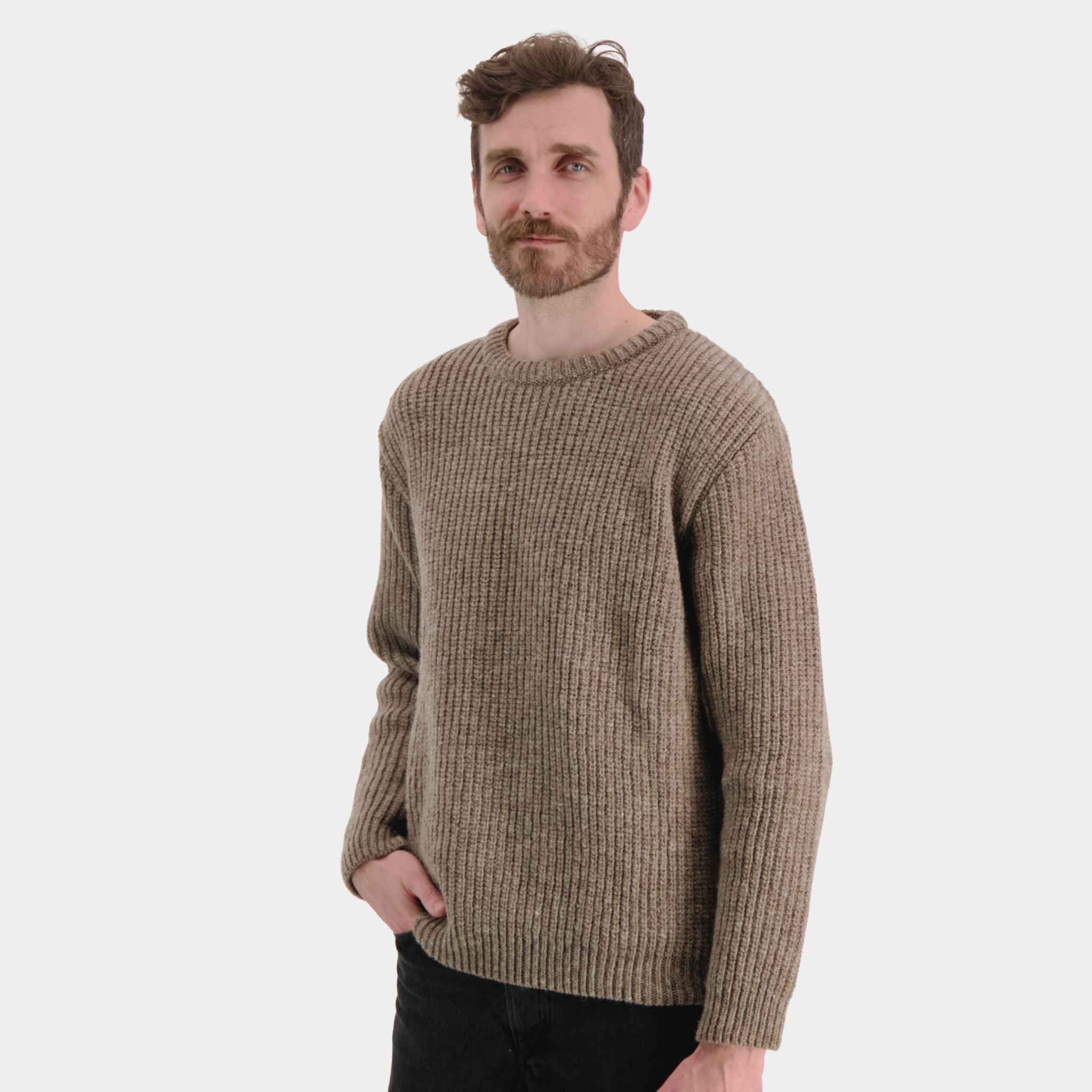 Beige ribbed O-neck knit sweater made from responsibly sourced Finnish sheep wool, ethically manufactured in Finland.