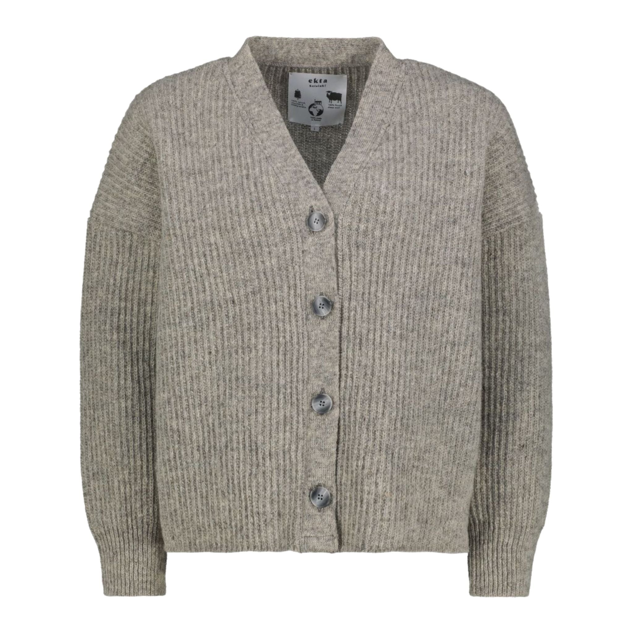 Mid grey v-neck cardigan made in Finland from Finnish sheep wool.