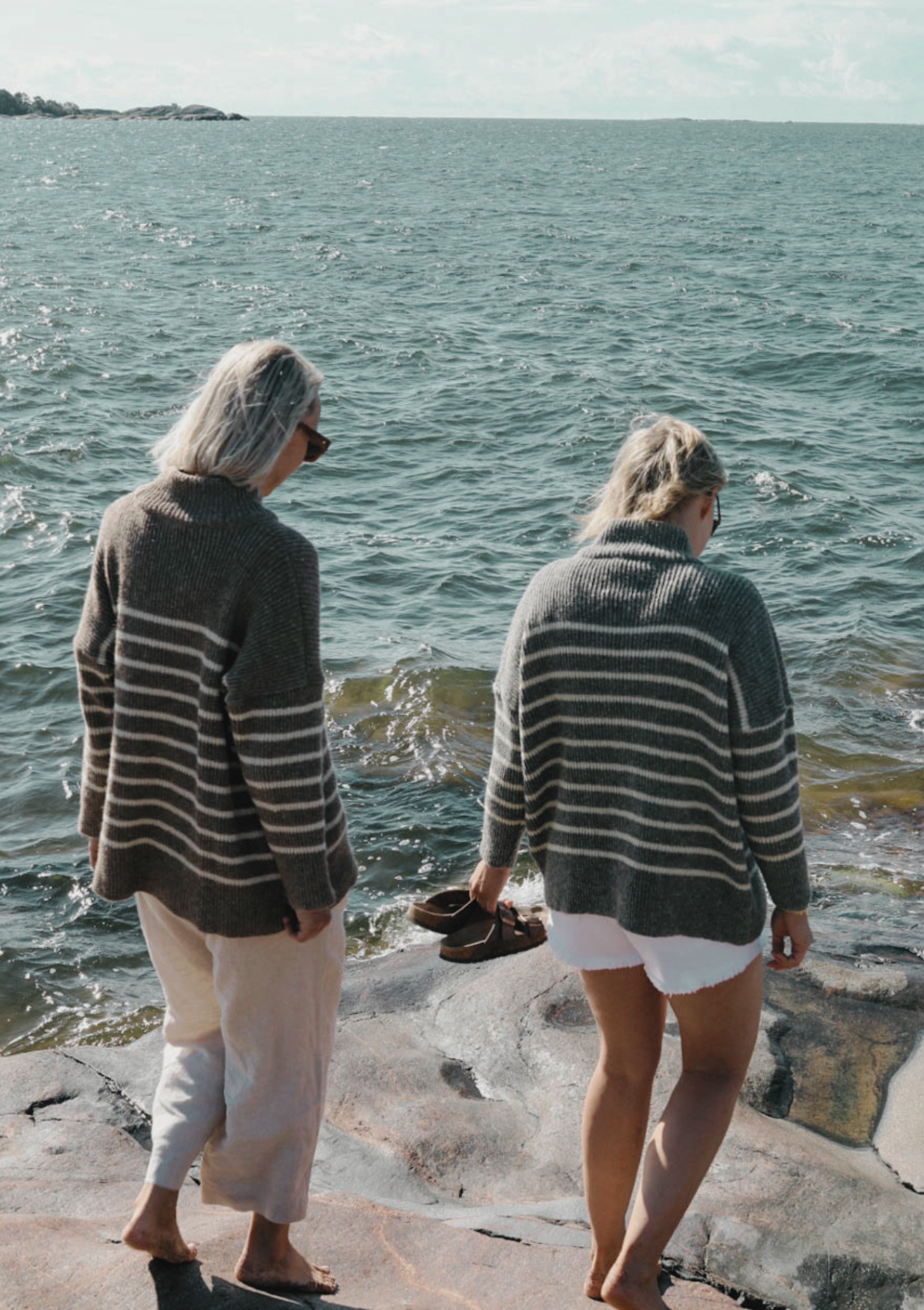 Katrine turtleneck in beige or grey striped knit made of Finnish sheep wool and manufactured responsibly in Finland.