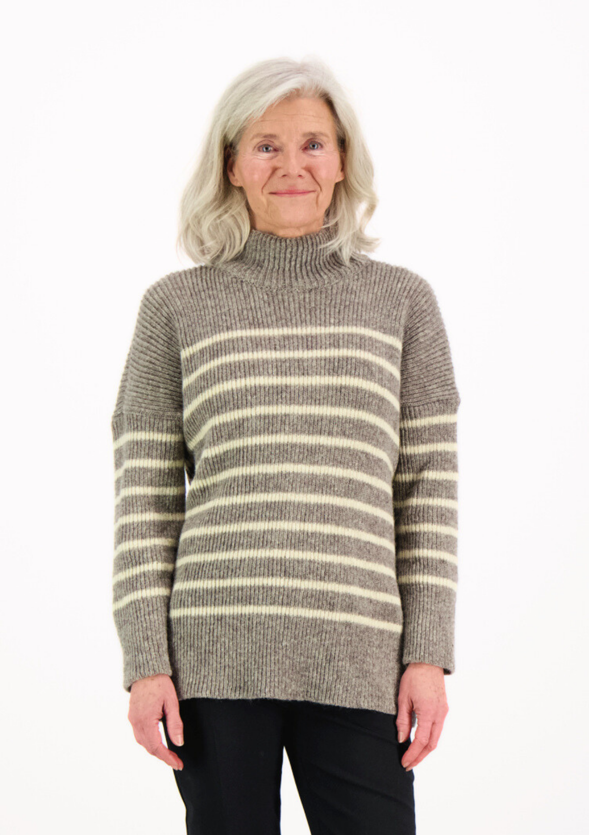 Katrine turtleneck grey striped knit made of Finnish sheep wool and manufactured responsibly in Finland.
