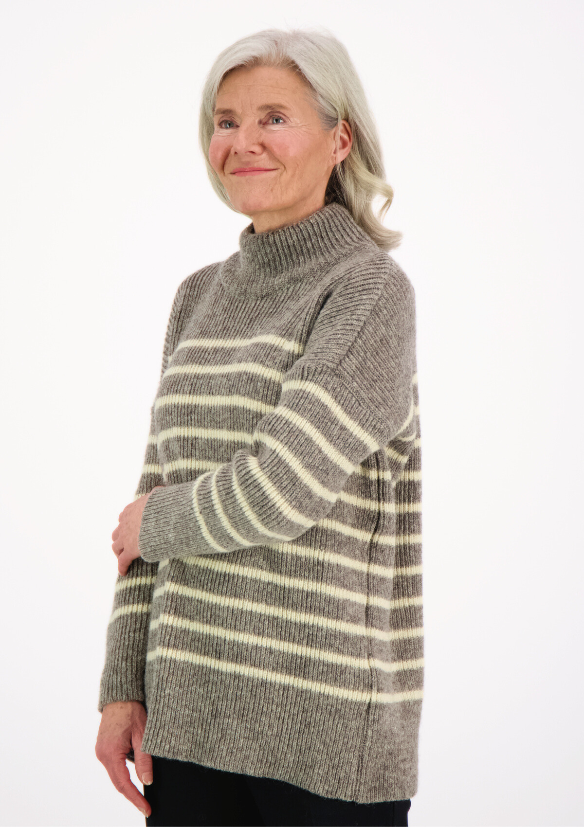 Katrine turtleneck grey striped knit made of Finnish sheep wool and manufactured responsibly in Finland.