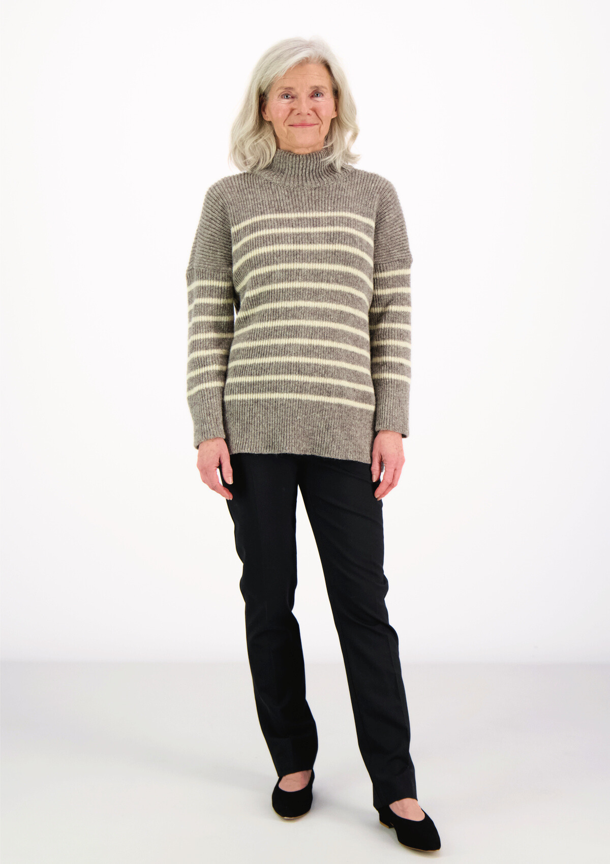Katrine turtleneck grey striped knit made of Finnish sheep wool and manufactured responsibly in Finland.