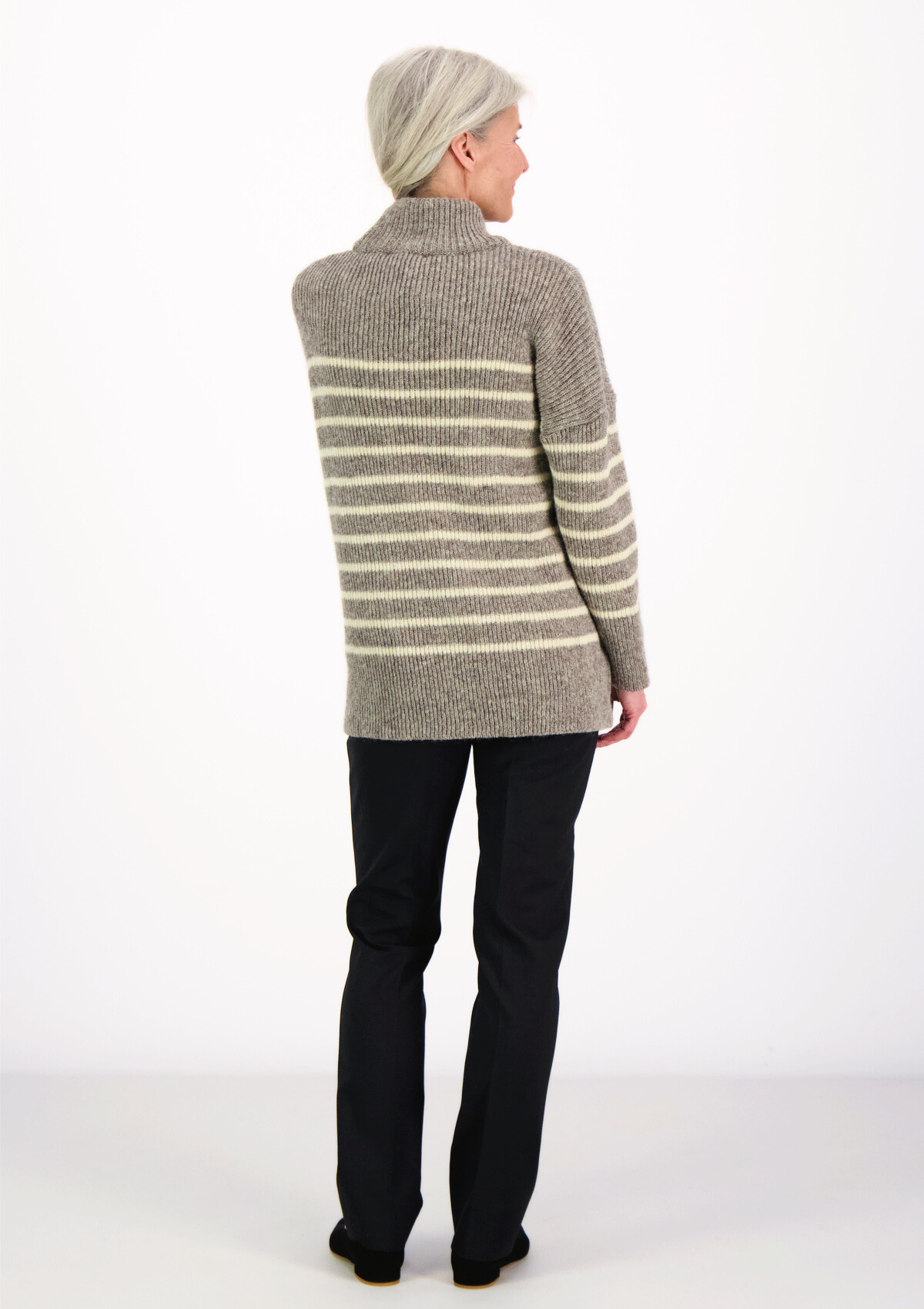 Katrine turtleneck grey striped knit made of Finnish sheep wool and manufactured responsibly in Finland.