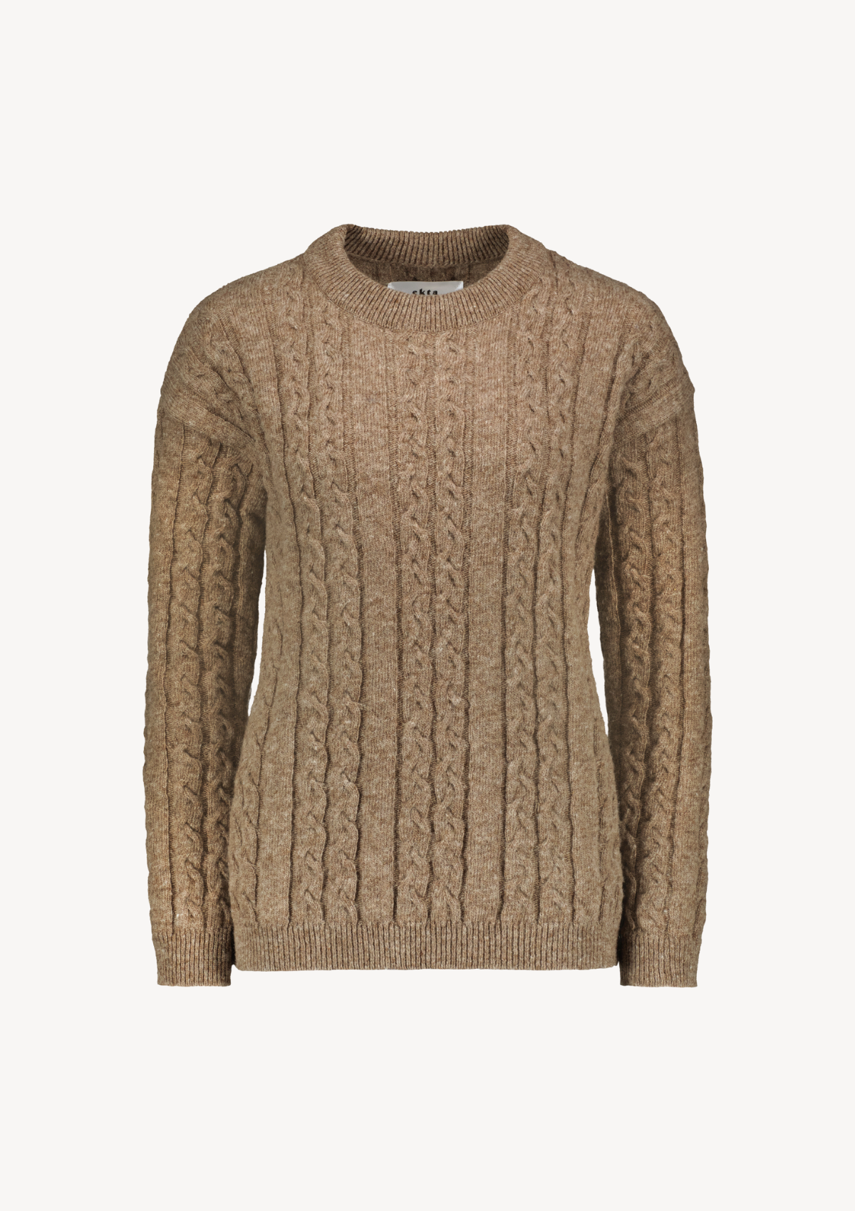 Soft and elegant cable knit in beige with o-neck. Made of responsible Finnish sheep wool in Finland.