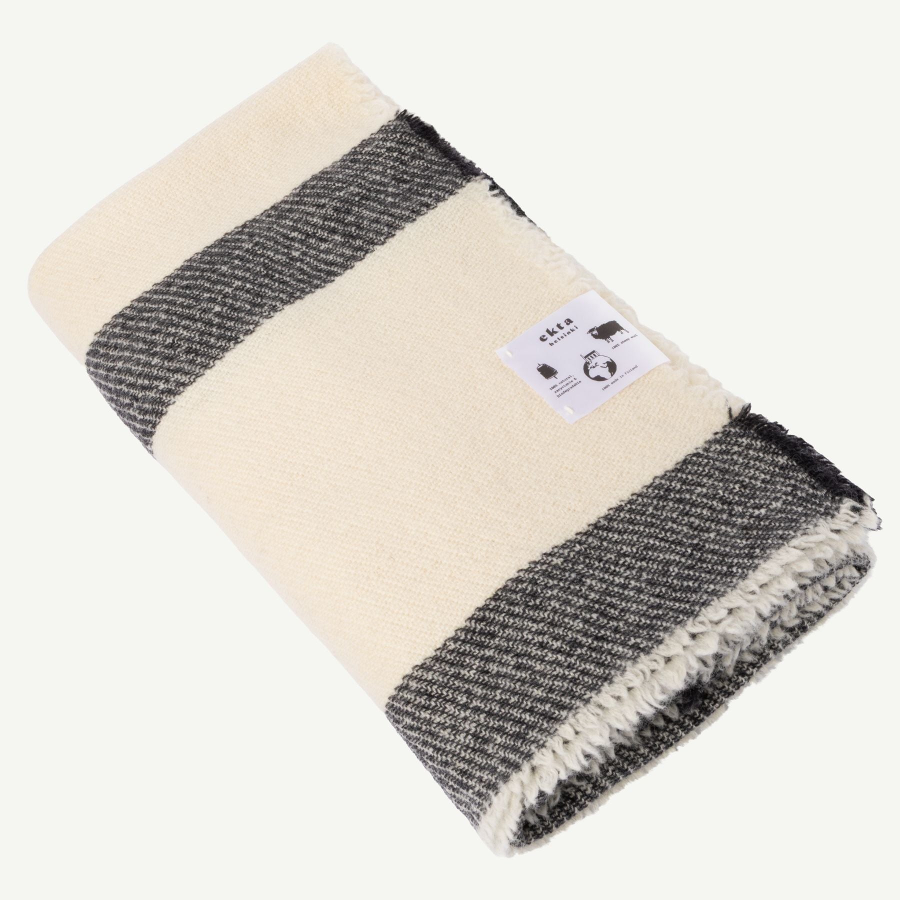 Striped wool throw with a black pattern on a white background. Finnish sheep wool manufactured in Finland.