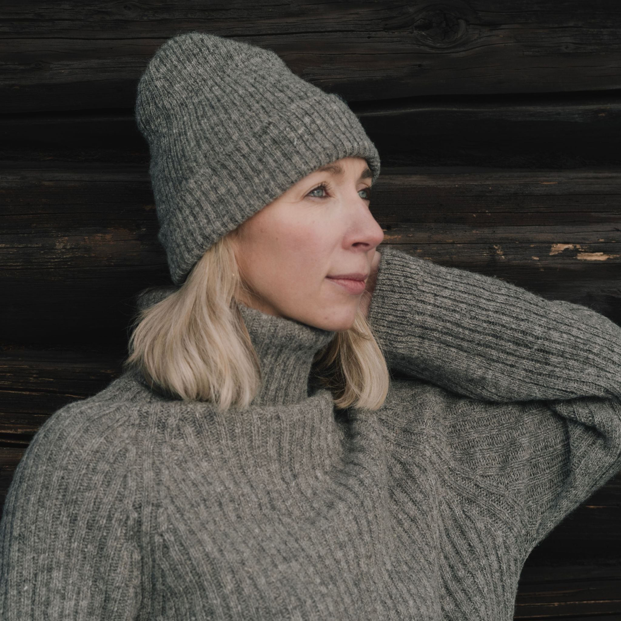 Grey thin ribbed beanie made from responsible Finnish sheep wool. Manufactured in Finland. 