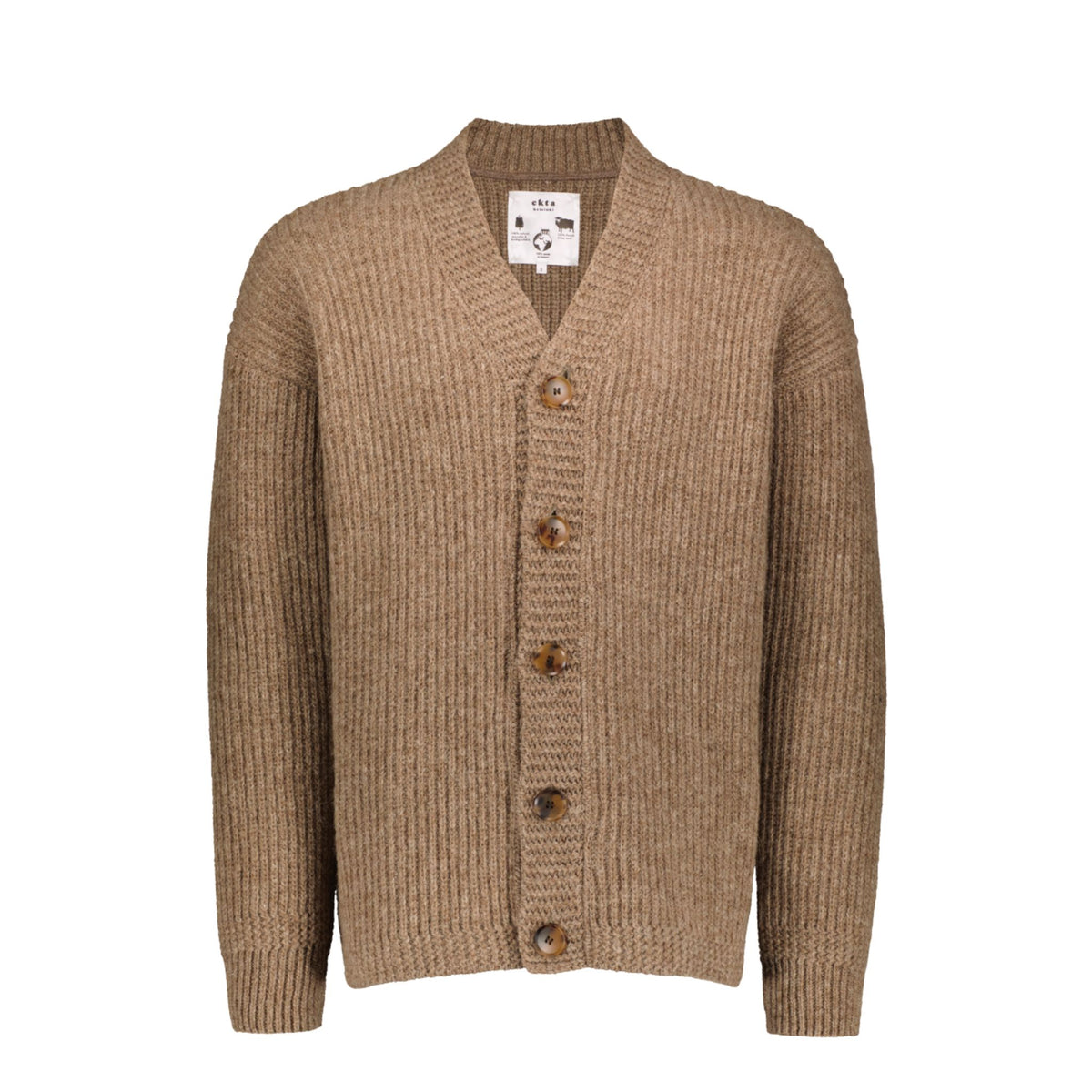 Ribbed longer beige cardigan with relaxed fit. Made of responsbile Finnish sheep wool in Finland. 