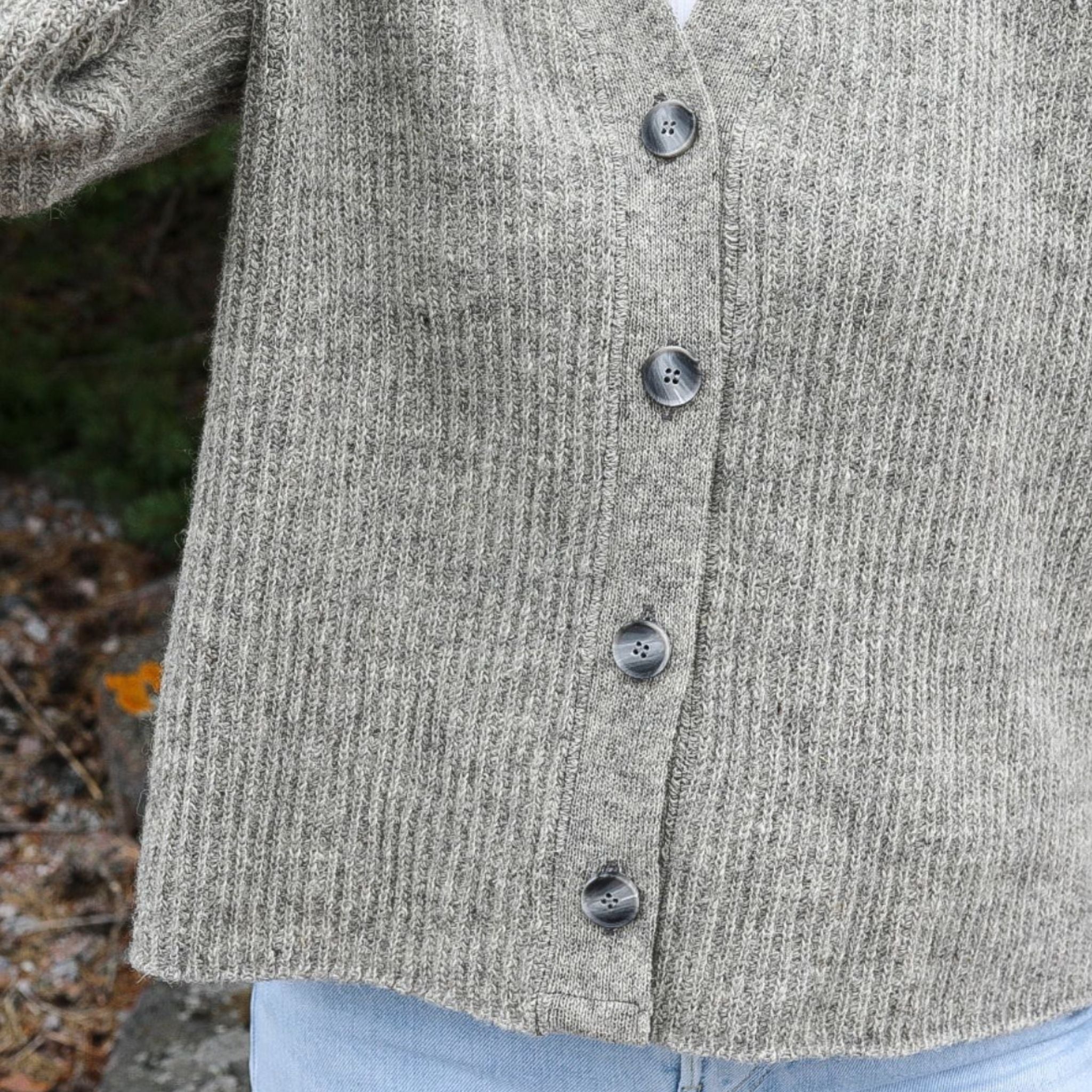 Mid grey v-neck cardigan made in Finland from Finnish sheep wool.