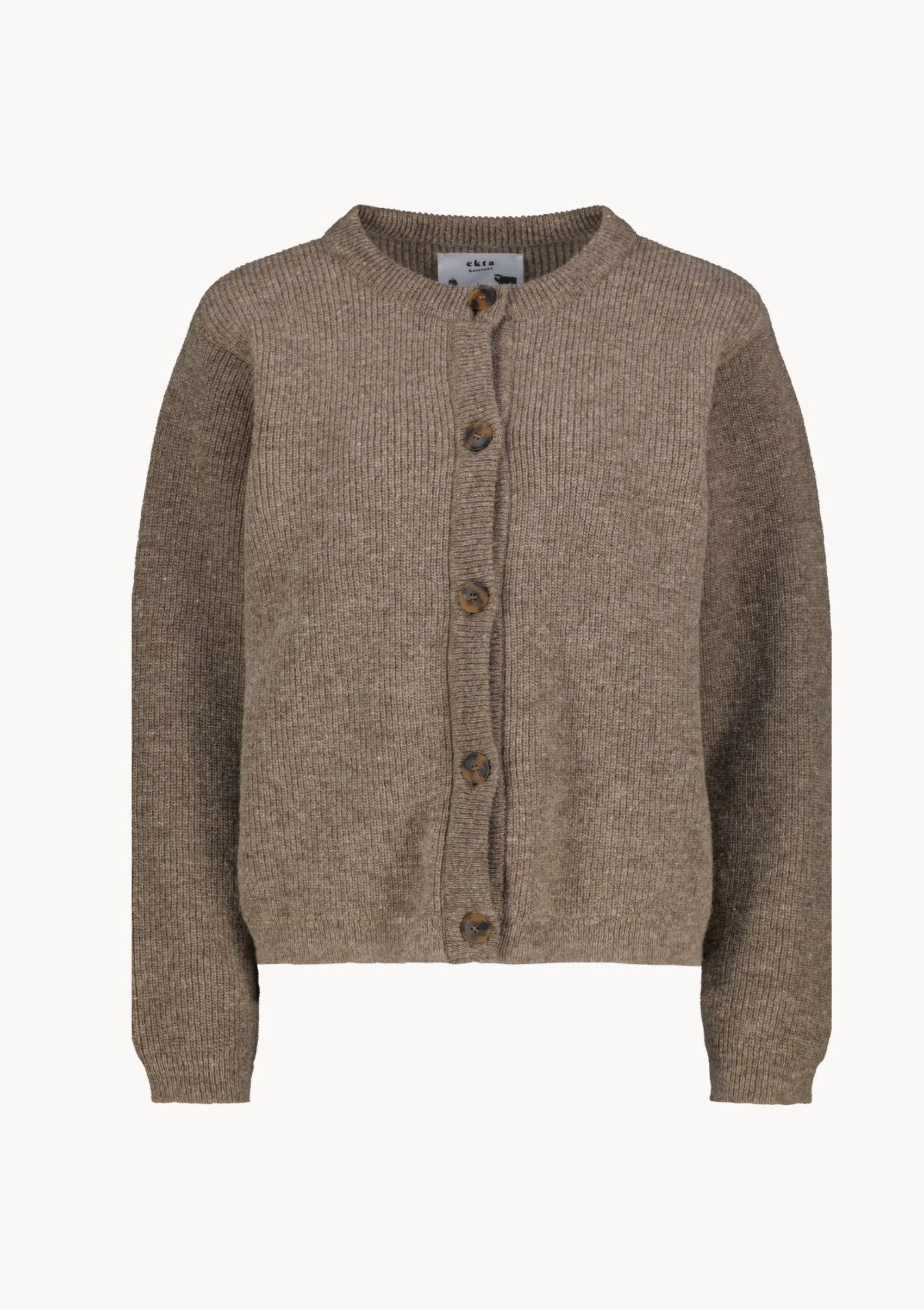 Beige knitted o-neck cardigan in Finnish sheep wool. Manufactured sustainably in Finland. 