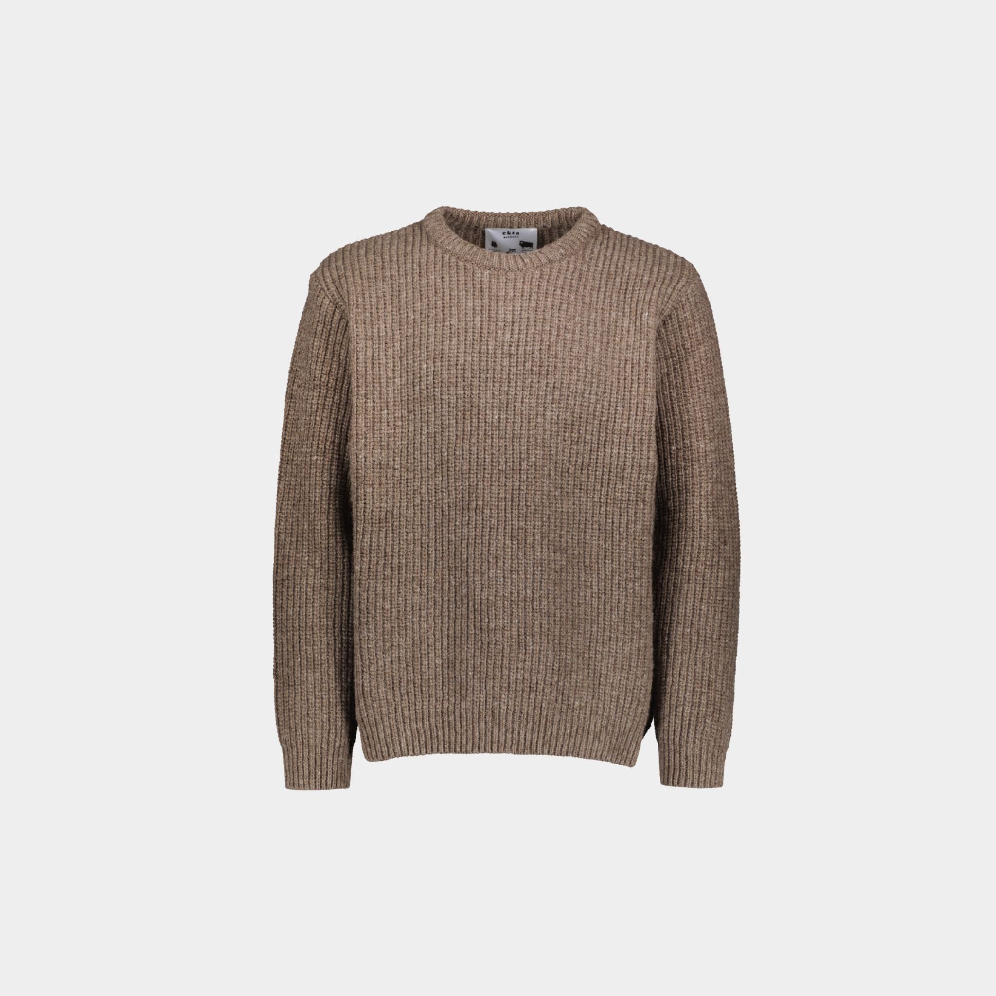 Beige O-neck ribbed wool sweater crafted from sustainable Finnish sheep wool, responsibly made in Finland.