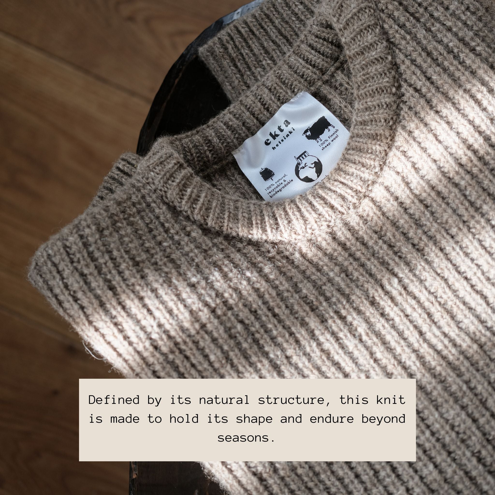 Fredrik wool sweater made in Finland using Finnish sheep wool, sustainable Nordic knitwear with durable structure and long-lasting performance.