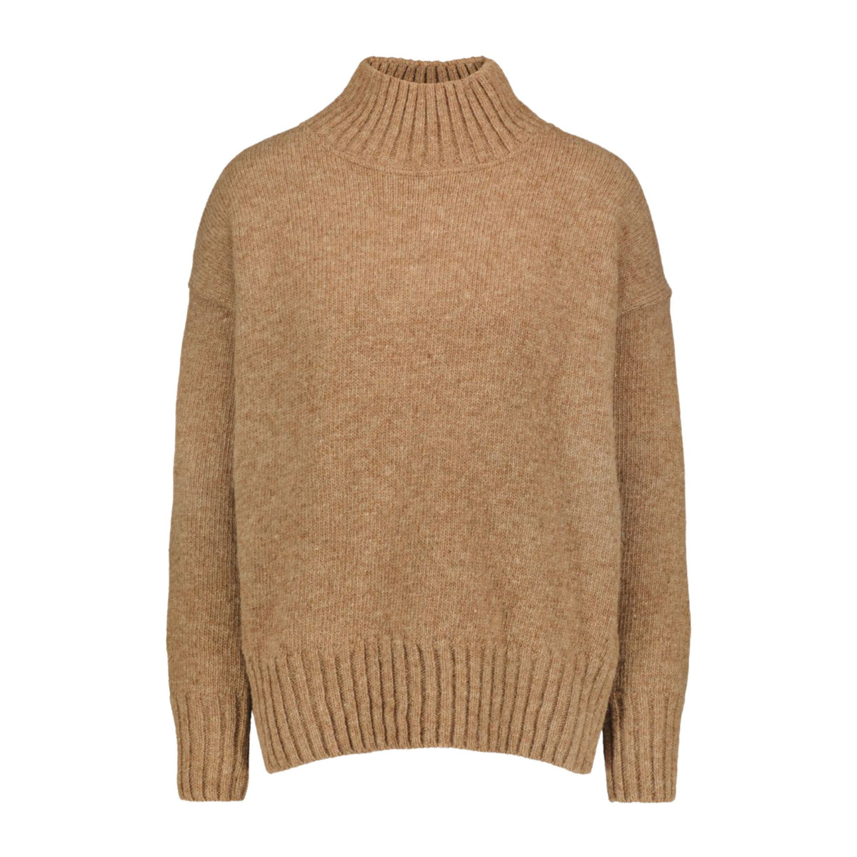 Beige responsible funnel-neck knit made out of Finnish sheep wool, manufactured in Finland.