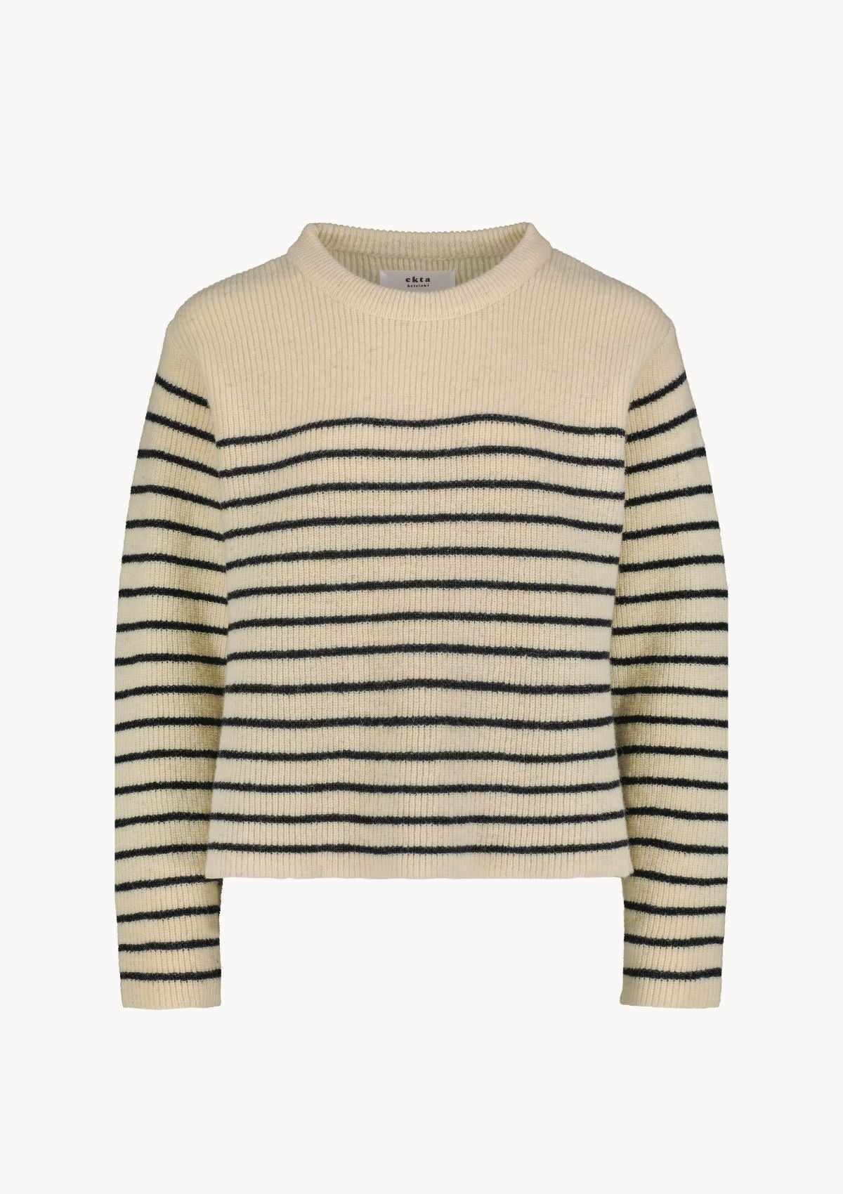 Striped black and white sweater with round neck. Manufactured in Finland of Finnish sheep wool. 