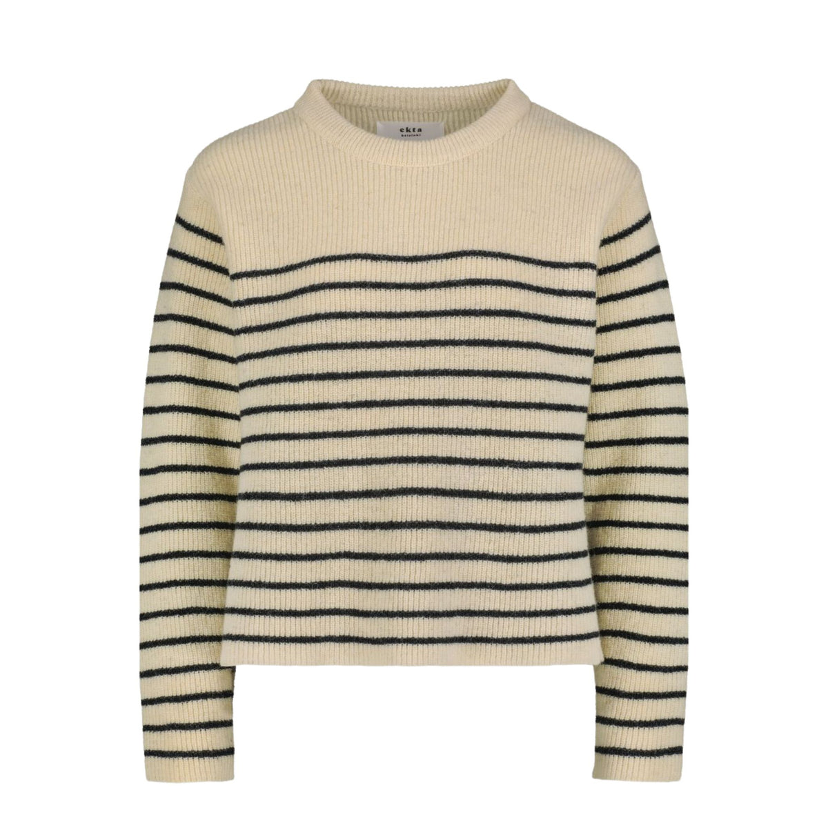 Striped black and white sweater with round neck. Manufactured in Finland of Finnish sheep wool. 